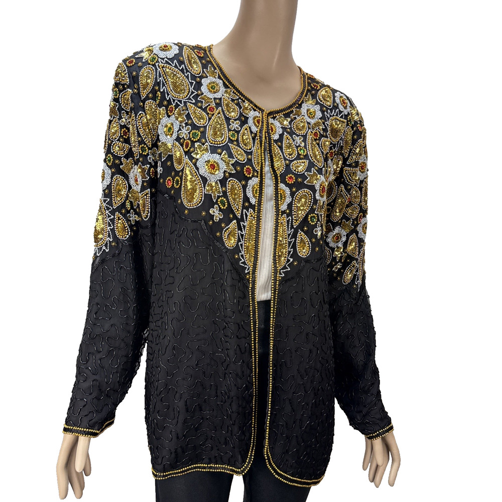 Megere Vintage Black Silk Beaded Jeweled Sequin Jacket‎ Size 2X Paisley Floral